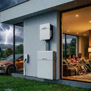 Family sat inside a house with a solar battery on the exterior and a stormy outside