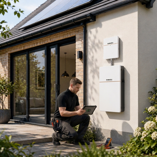 Installer installing a battery on an exterior wall