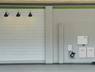 Dura5 solar battery and Dura-i hybrid inverter on a garage wall