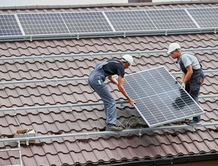 Two installers carrying a solar panel on a roof