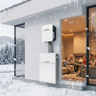 Cold snowy exterior of a house with a solar battery on the wall and a family inside