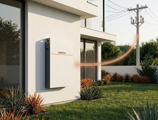 Duracell Energy battery on a white wall with an arrow pointing to a transformer
