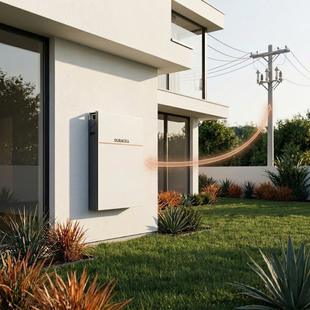 Duracell Energy battery on a white wall with an arrow pointing to a transformer