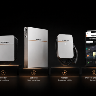 Line of Duracell Energy products inc inverter, battery, EV charger, and the App