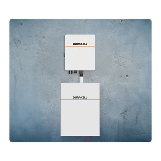 white square shaped inverter mounted into the wall with wires running into a white square battery