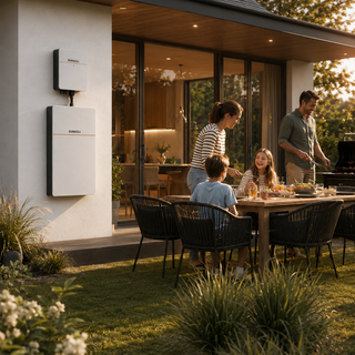 family having dinner outside with Dura16 on exterior wall