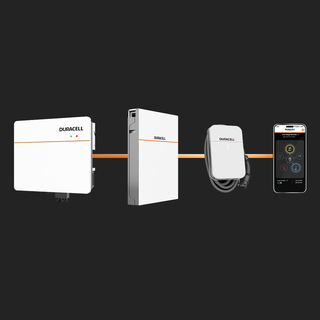 Duracell Energy home battery storage ecosystem, comprising Dura5 Solar panel battery, Dur-i hybrid inverter, DuraCharger EV and the Duracell Energy App